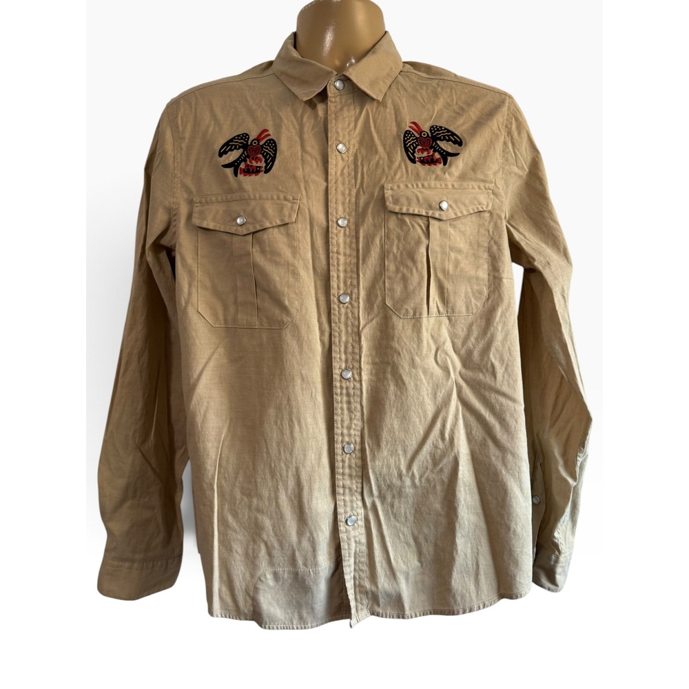 Howler Brothers Mens Tan Pearl Snap Shirt Embroidered Bird Khaki Long Sleeve